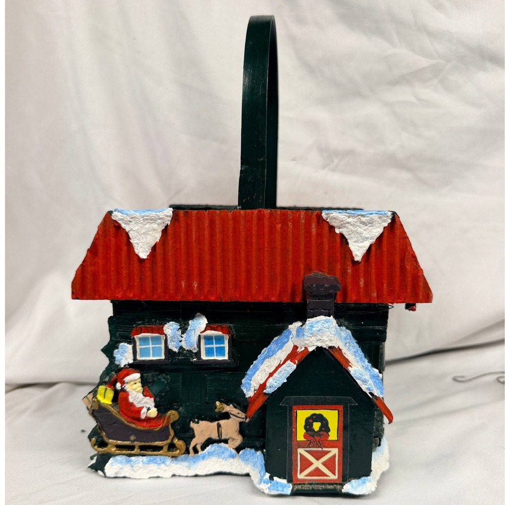 Vintage Style Christmas Cabin Decorative Basket Santa Sleigh Reindeer Green Red